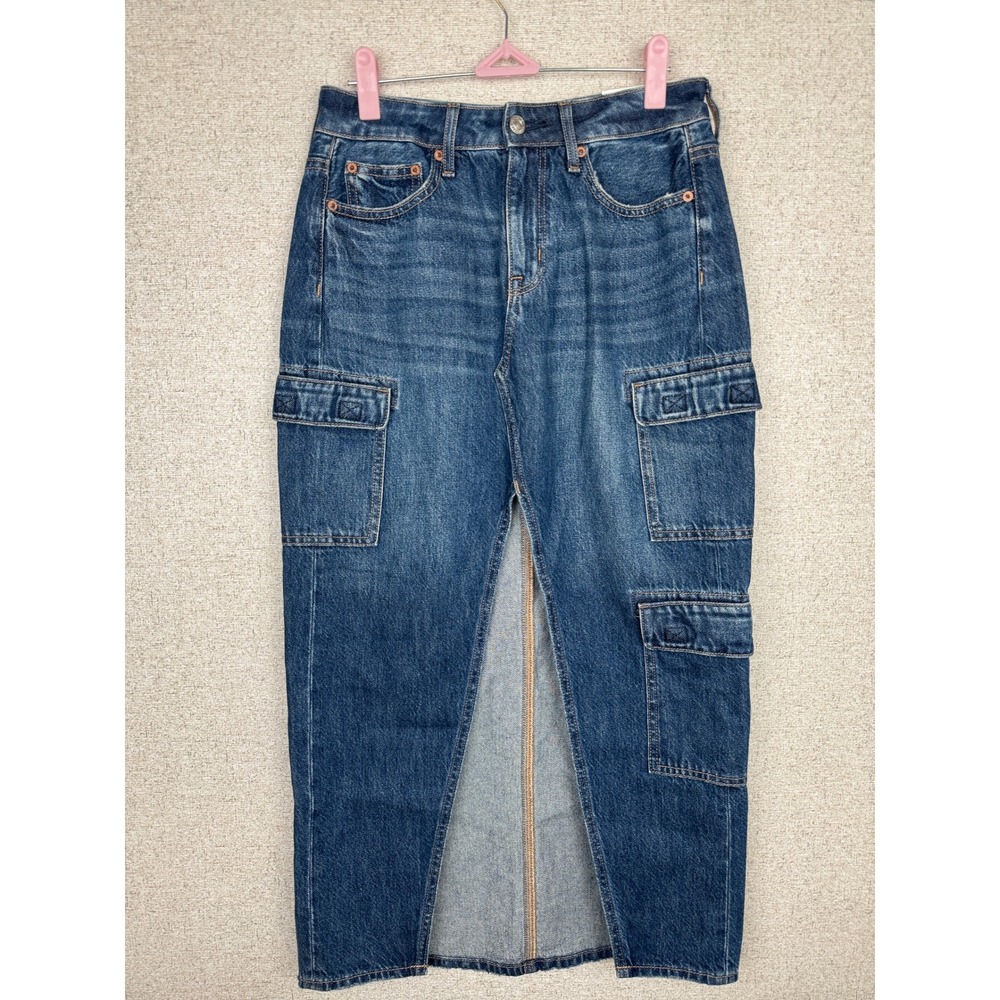 American Eagle Low Rise Maxi Denim Cargo Skirt Front Slit NWT Size 0 25W